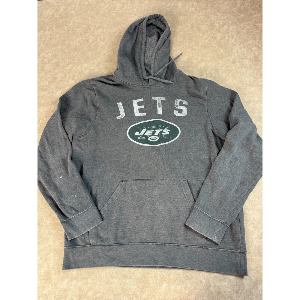 Majestic Mens Fleece New York Jets Pocket Long Sleeve Pullover Gray Hoodie Large